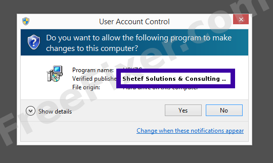 Screenshot where Shetef Solutions & Consulting (1998) Ltd. appears as the verified publisher in the UAC dialog